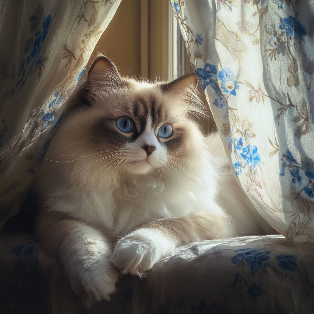 柔らかい青い目を持つフワフワのラグドール猫が、日差しの差し込む窓辺で lying 、穏やかな風にカーテンが揺れている。