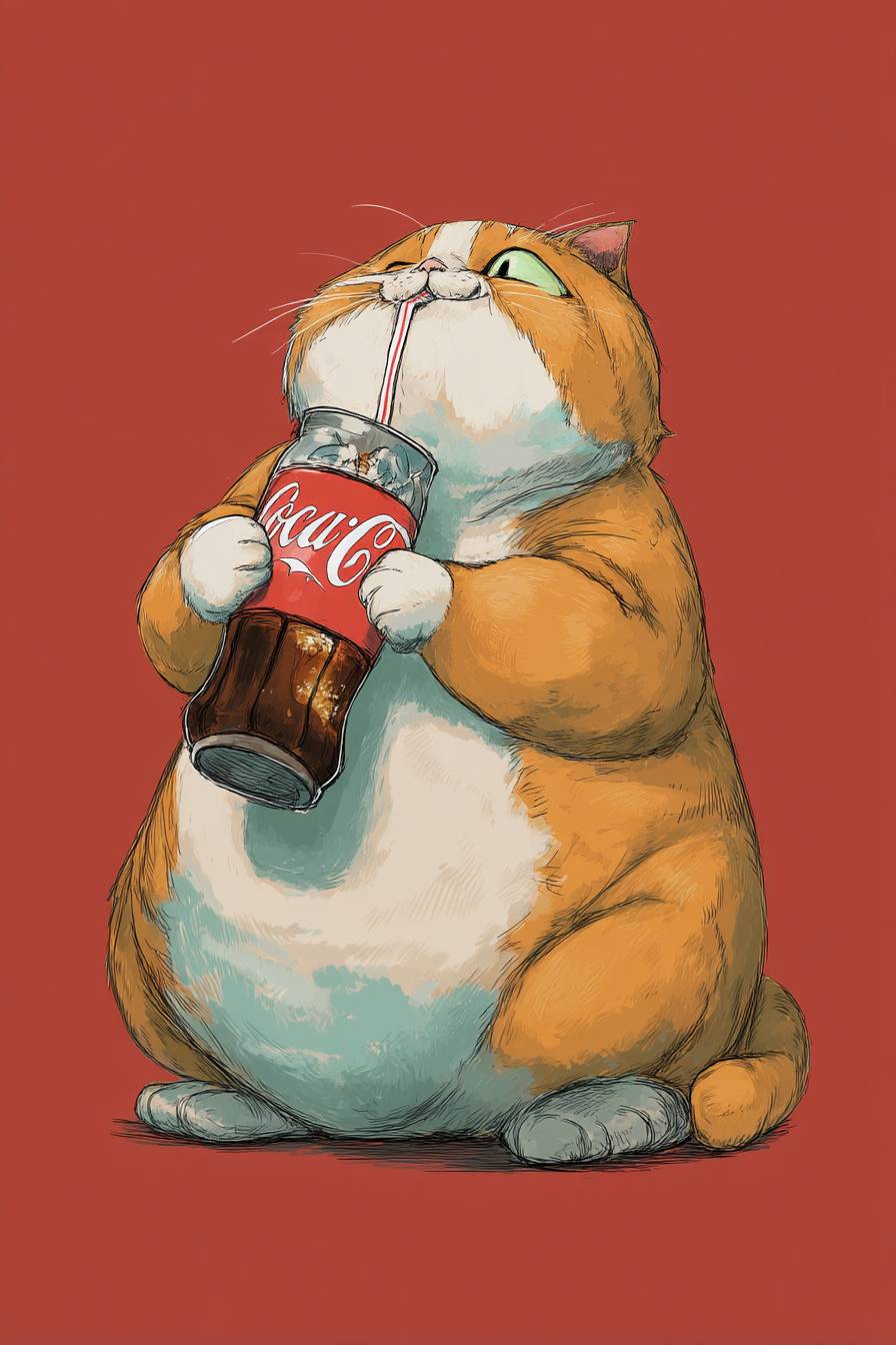 Un gato regordete en estilo anime bebiendo cola.