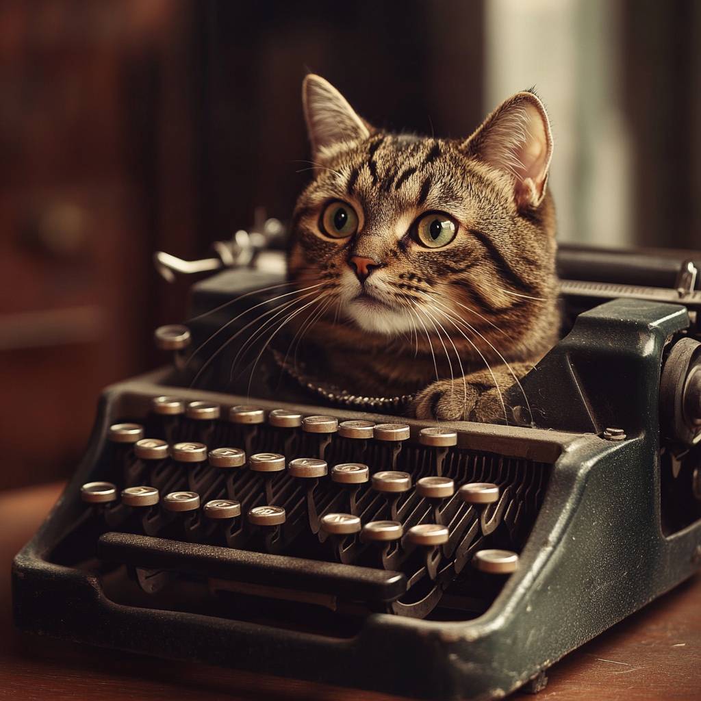 Un gato atigrado vintage sentado en una máquina de escribir antigua en un entorno de oficina de los años 50.