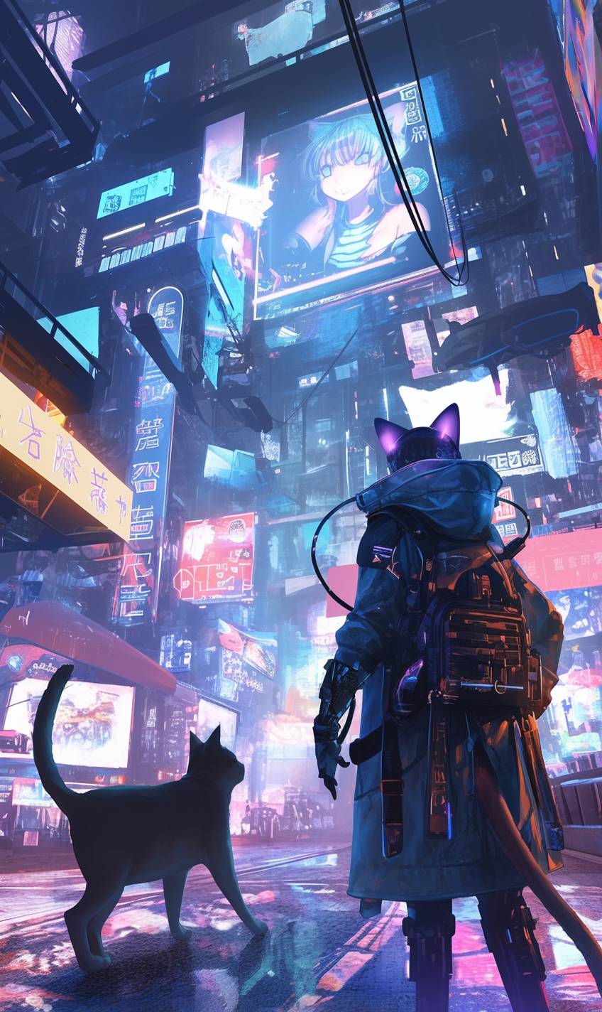 A cyberpunk cat in futuristic attire walking in a neon-lit city.