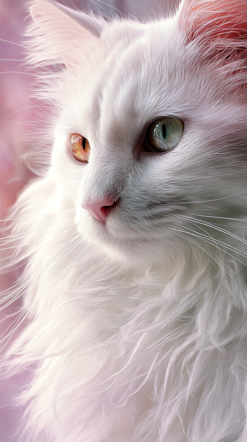 Ein flauschiges Selfie einer türkischen Angora-Katze mit seidigem Fell und heterochromen Augen vor einem traumhaften pastellfarbenen Hintergrund.