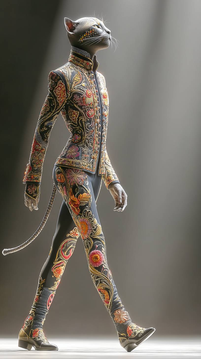 Un gato antropomórfico que lleva un abrigo de plumas y zapatos aparece en la pasarela de moda.
