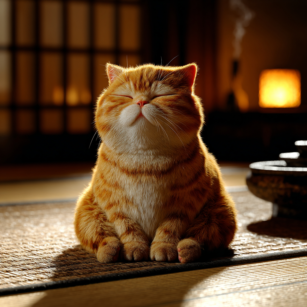 Eine niedliche dicke runde orangefarbene Munchkin Katze sitzt im Yoga-Sitz auf einem Tatami und lächelt friedlich.