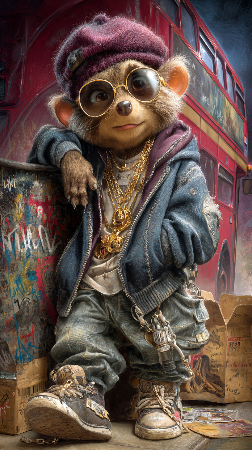 Un mapache rapero genial con ropa de moda en un fondo urbano.
