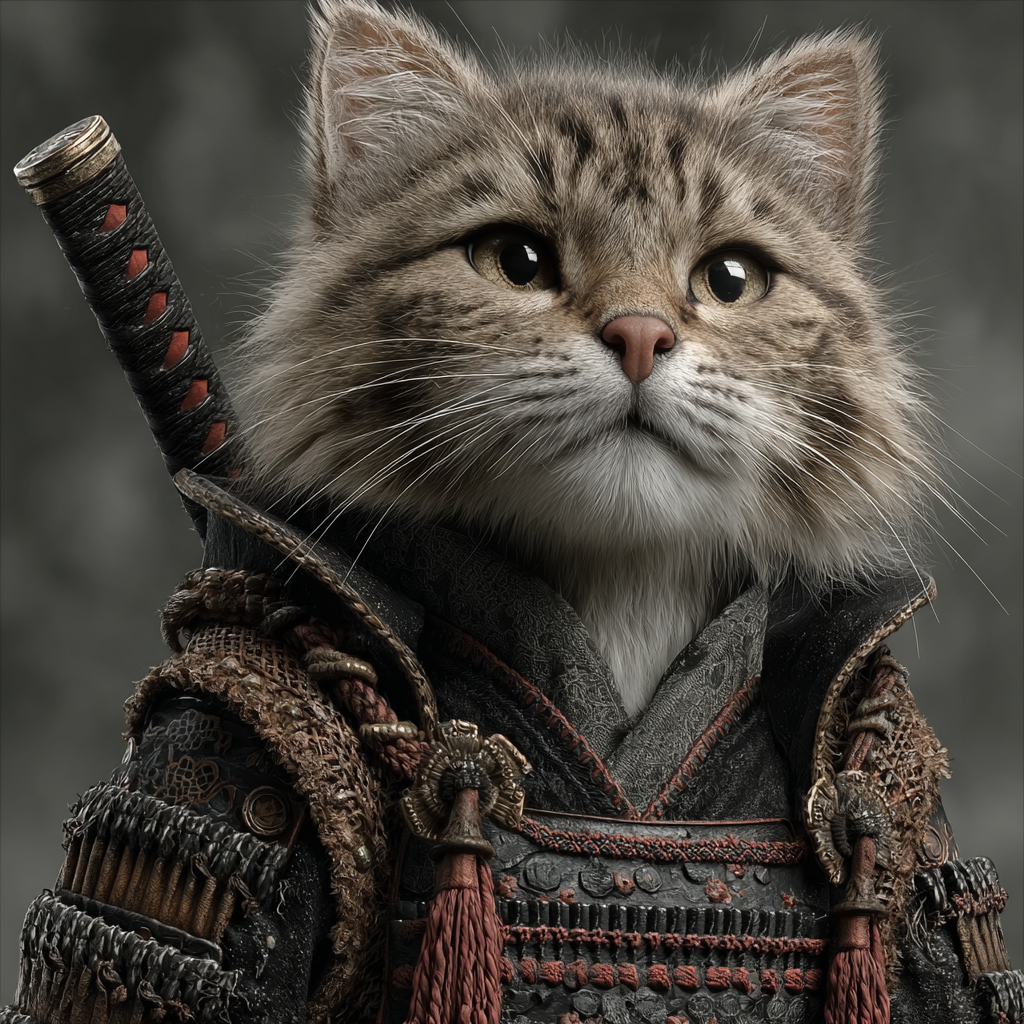 一只穿着黑色漆面武士盔甲的雄性猫站立着，直视观众，背上插着刀，背景是一片迷雾弥漫的战场