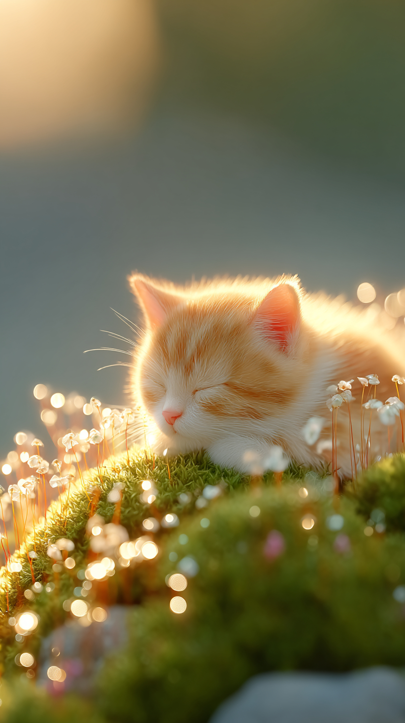 Un pequeño gatito atigrado de jengibre durmiendo pacíficamente bajo la cálida luz del sol en una colina de musgo