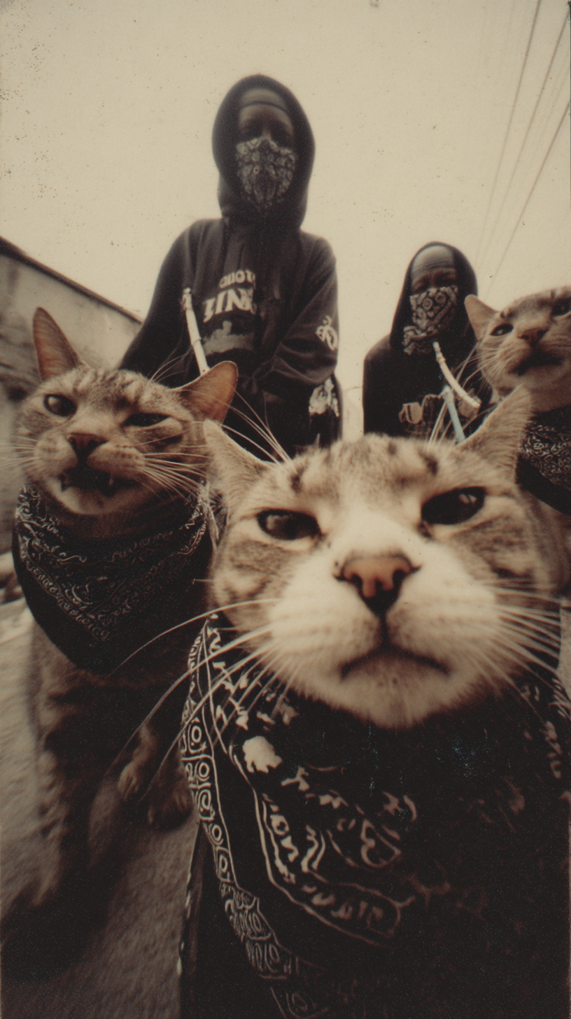 Un grupo de gatos enojados con sudaderas negras