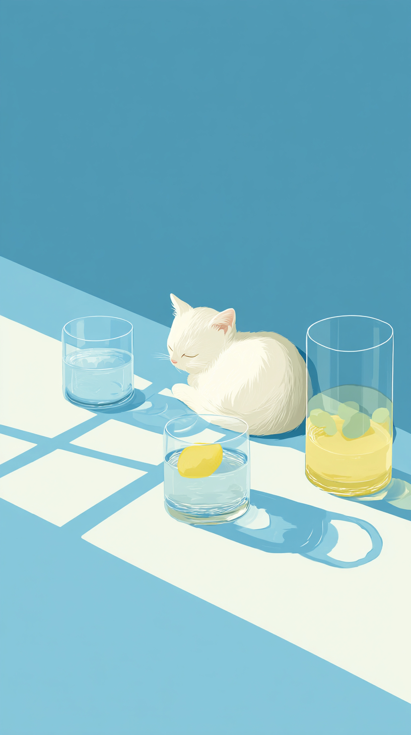 Illustration minimaliste qui guérit la solitude, avec un chaton, composition épurée, bleu clair et jaune pastel.