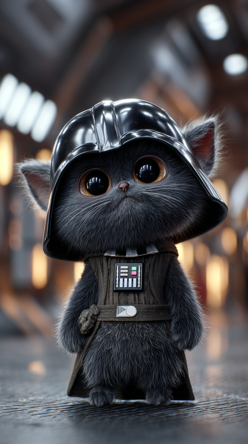 Un gato negro con un casco en miniatura estilo Darth Vader se erige con orgullo en un suelo metálico futurista