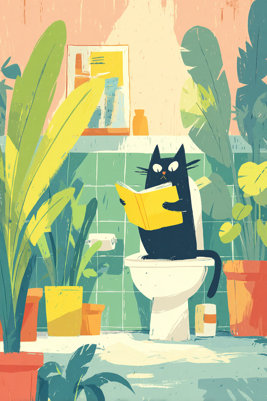 Un gato negro está sentado en un inodoro abierto leyendo un libro rodeado de paredes rosas y azulejos verdes con plantas de interior