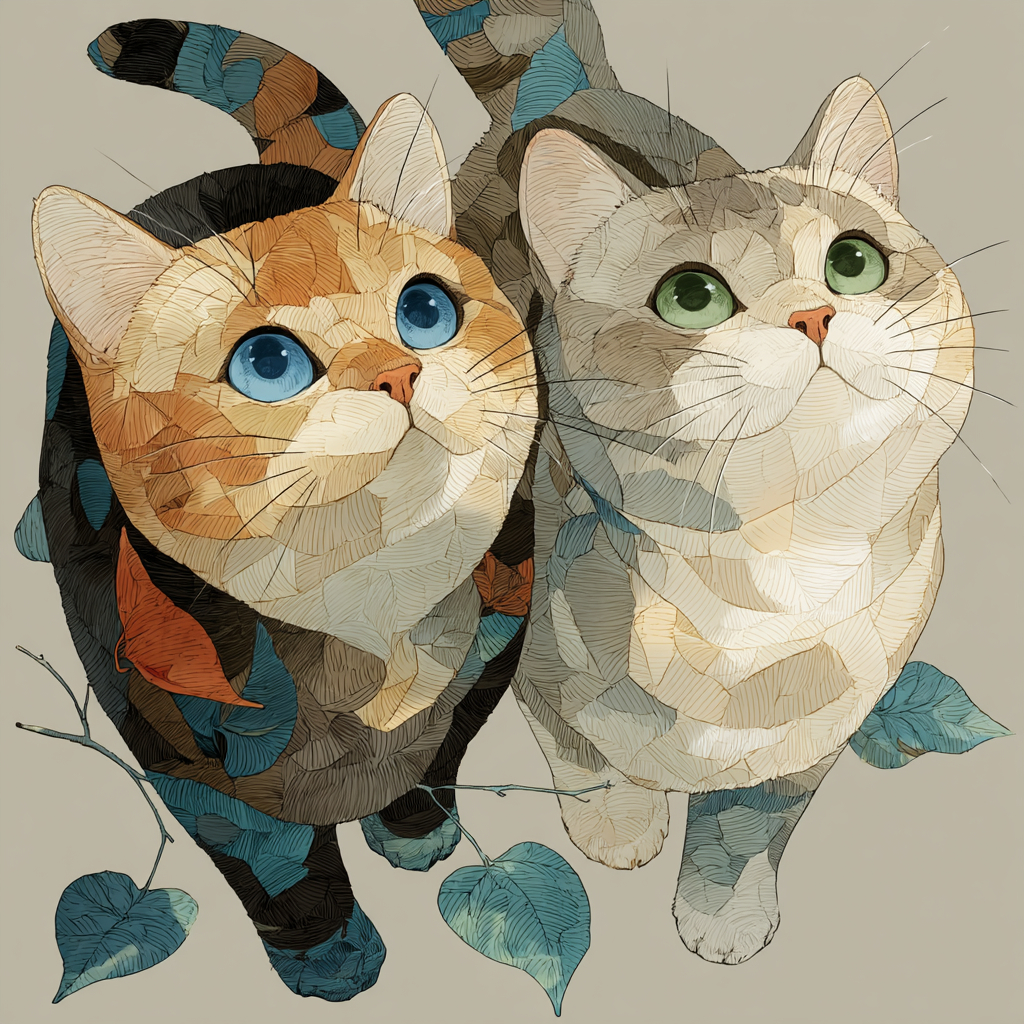 Una ilustración tradicional japonesa que muestra a dos adorables gatitos británicos de pelo corto dorados jugando juntos