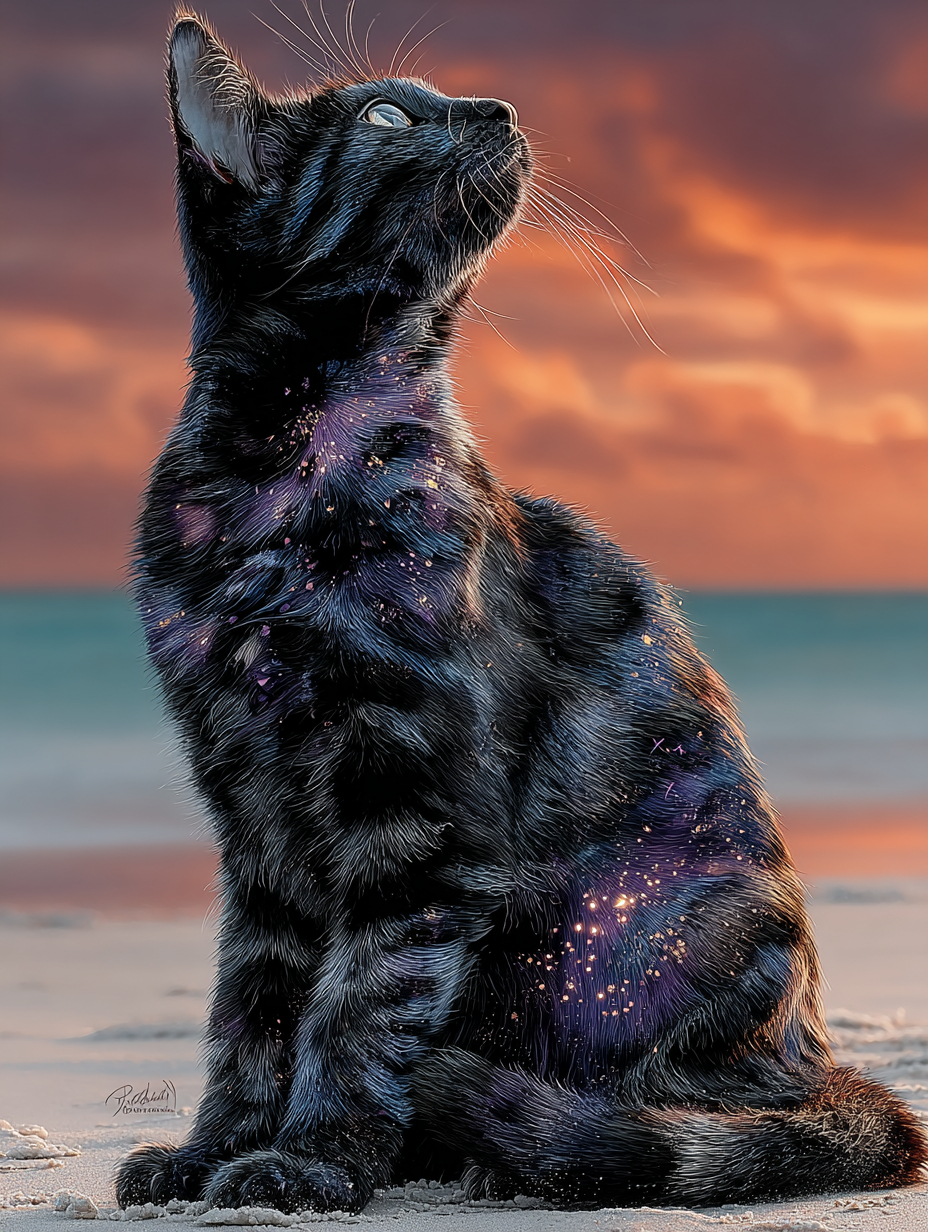 Um gato elegante sentado na praia