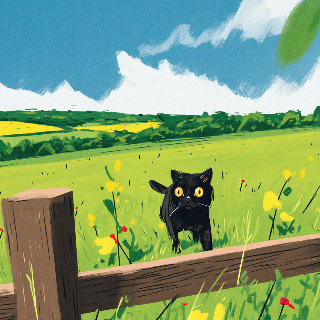 Un gato negro en el campo inglés, campos verdes y flores iluminados por el sol, estilo de ilustración simple, obra de arte de libro para niños.