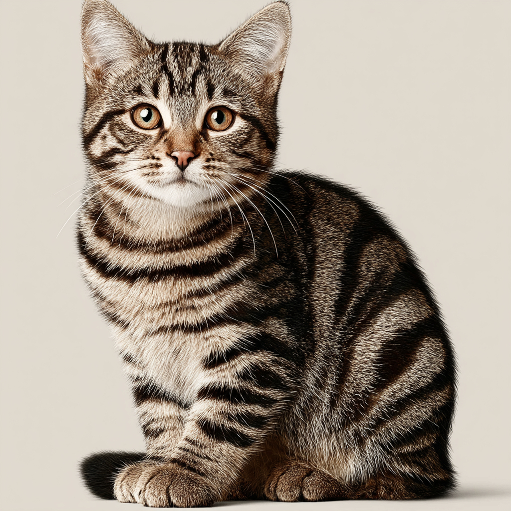 Um adorável gato tabby jovem com padrão mackerel clássico e pelo detalhado