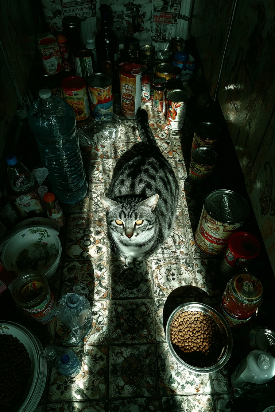 Eine Katze, die glücklich in einer hellen Küche isst