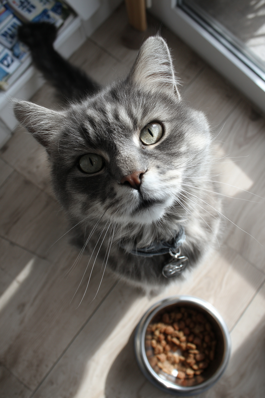 Un gato atigrado gris comiendo entusiasmado de su tazón