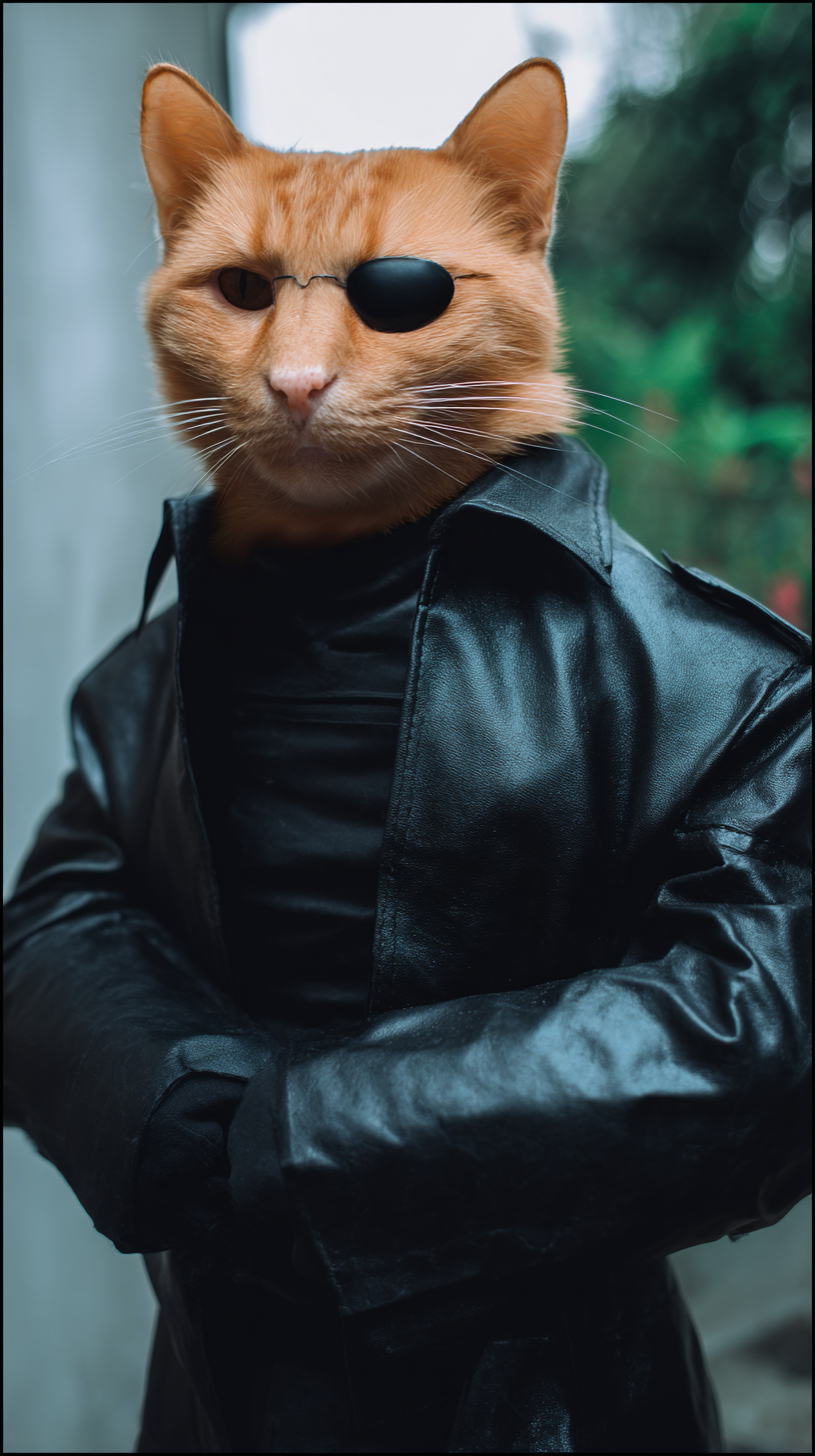 Un gato naranja disfrazado de Albert Wesker de Resident Evil