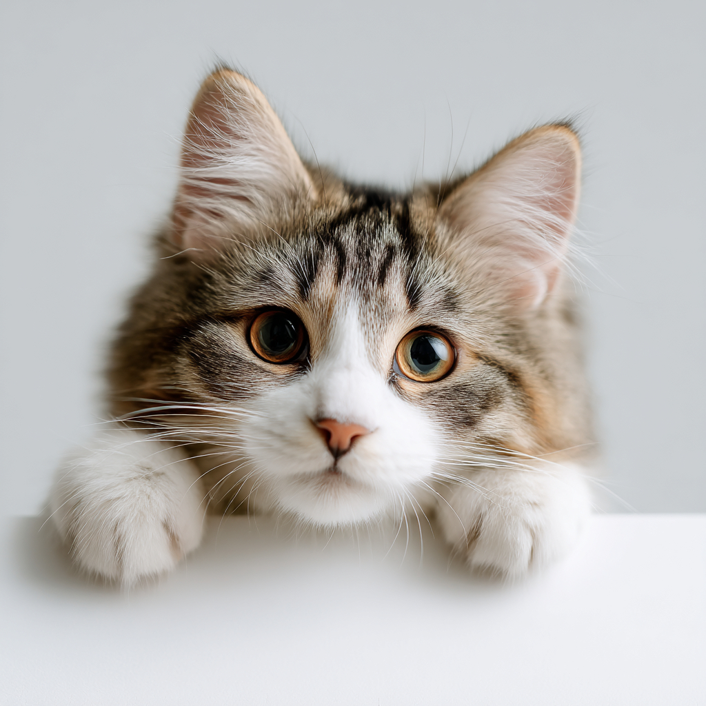 Eine süße Munchkin-Katze lächelt mit Pfoten über einer weißen Karte.