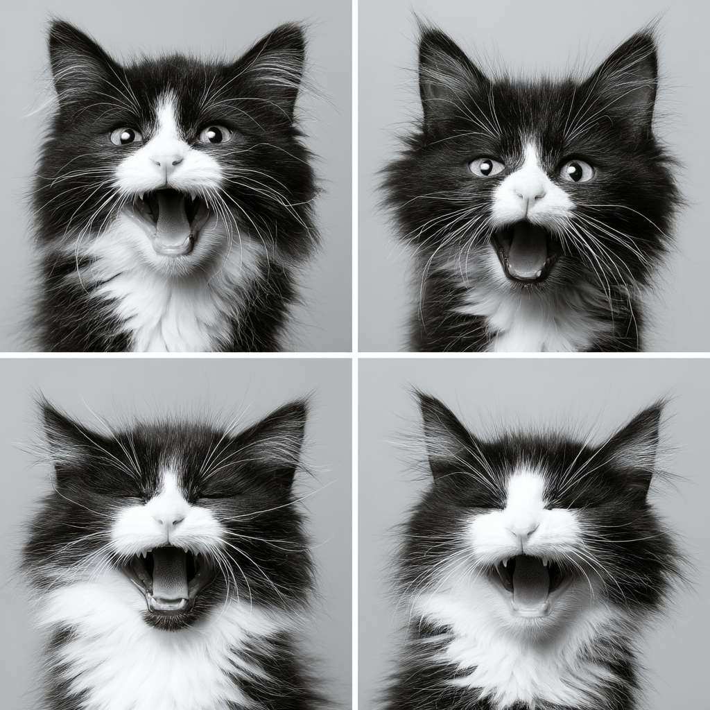 Generar ilustraciones de un gato de patrón blanco y negro con varias expresiones