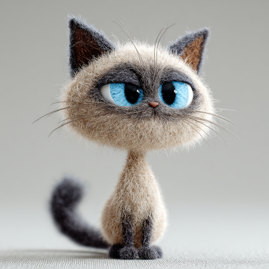 A silver needle-felted cat with lazy blue almond-shaped eyes expressing indifference
