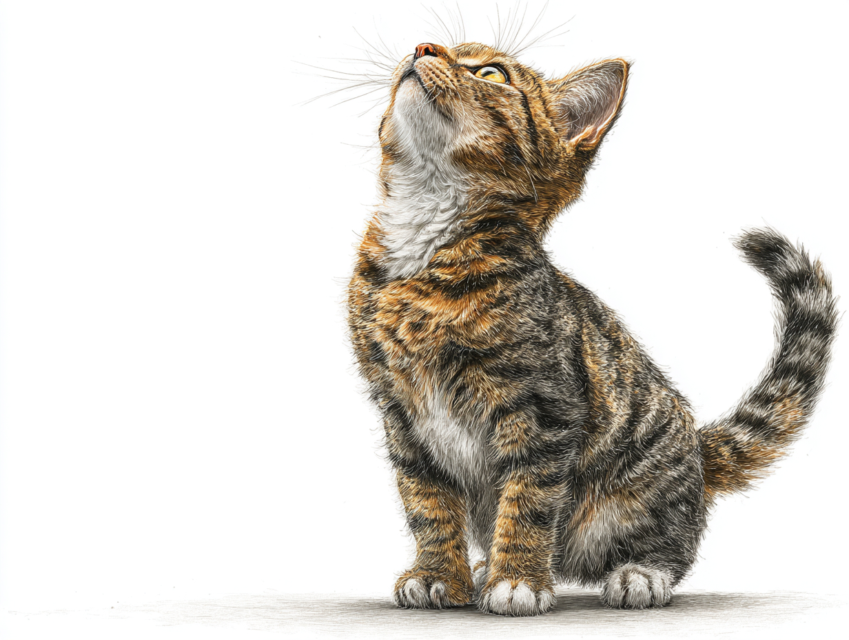 Eine süße getigerte Katze steht auf ihren Hinterbeinen, hebt die Vorderbeine vom Boden und blickt neugierig nach oben.