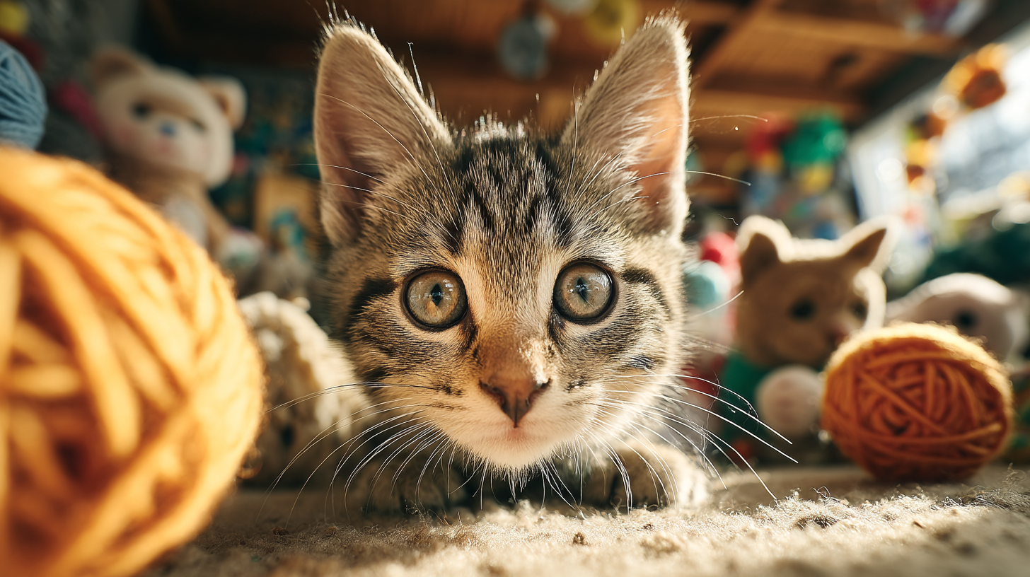 Un gatito juega con un ovillo de lana y juguetes bajo la luz del sol