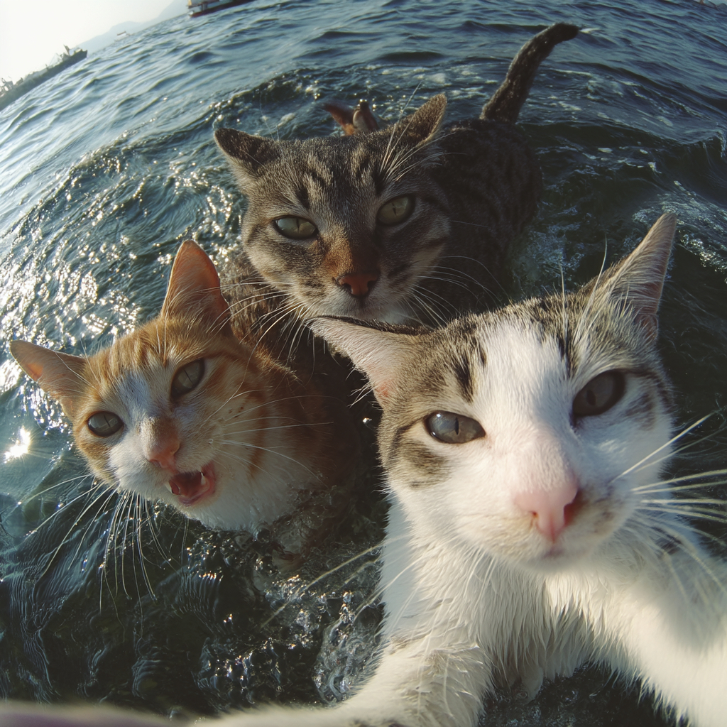 Selfie von drei Katzen mit Meeres Hintergrund