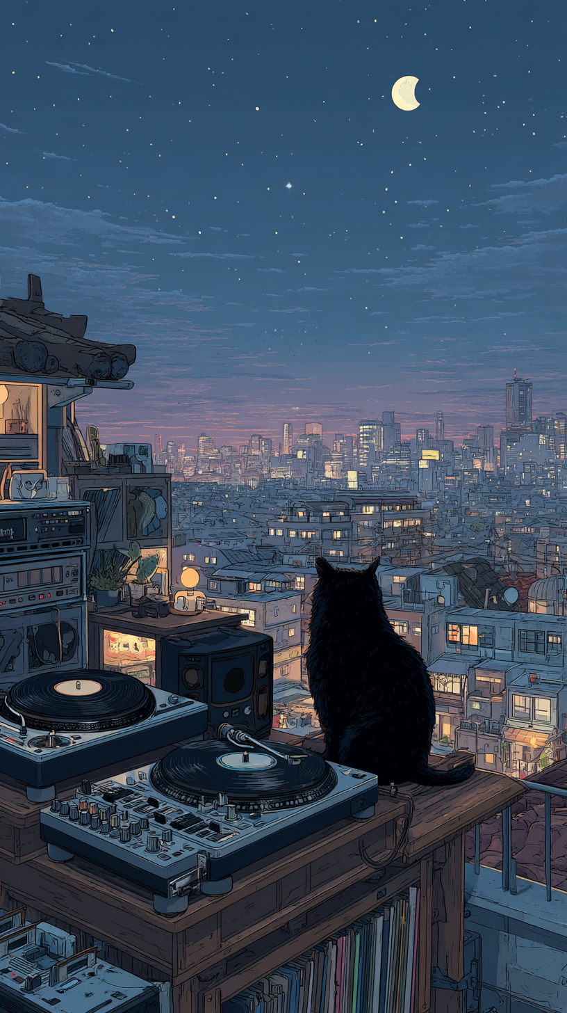 Un gato mezcla ritmos lo-fi en un acogedor estudio en la azotea bajo un cielo estrellado