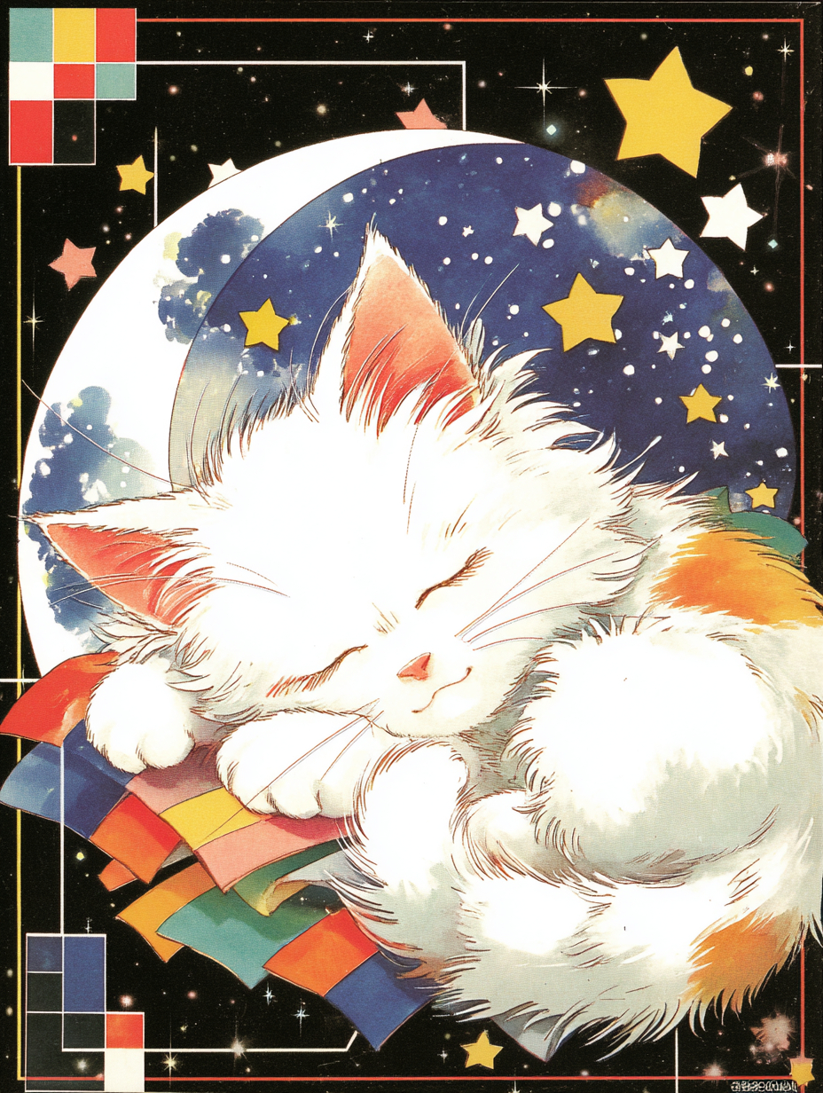 水彩畫，描繪一隻睡覺的貓，星星和月亮。
