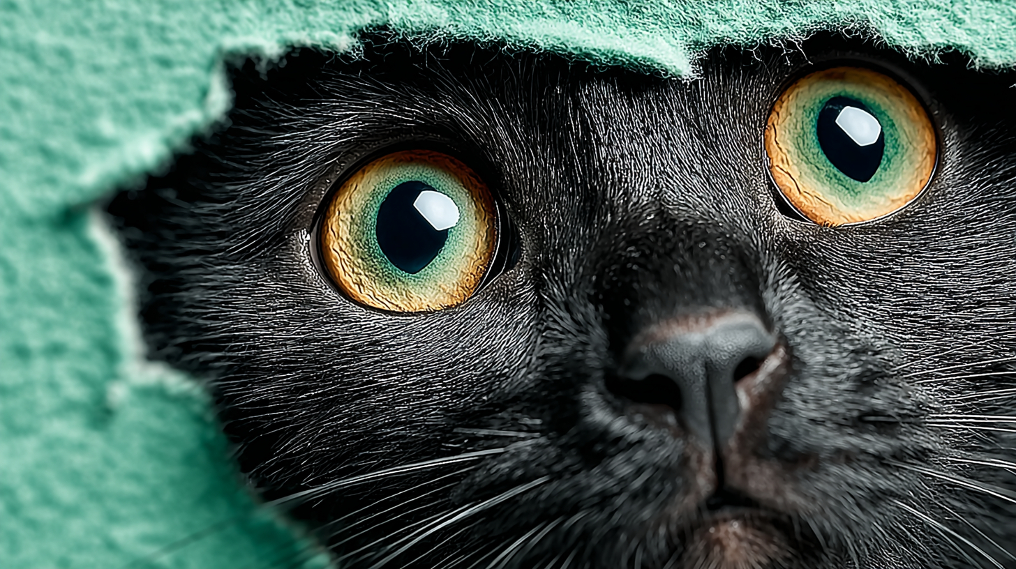Un juguetón gato negro asomándose a través de un agujero en un papel rasgado en una pared verde