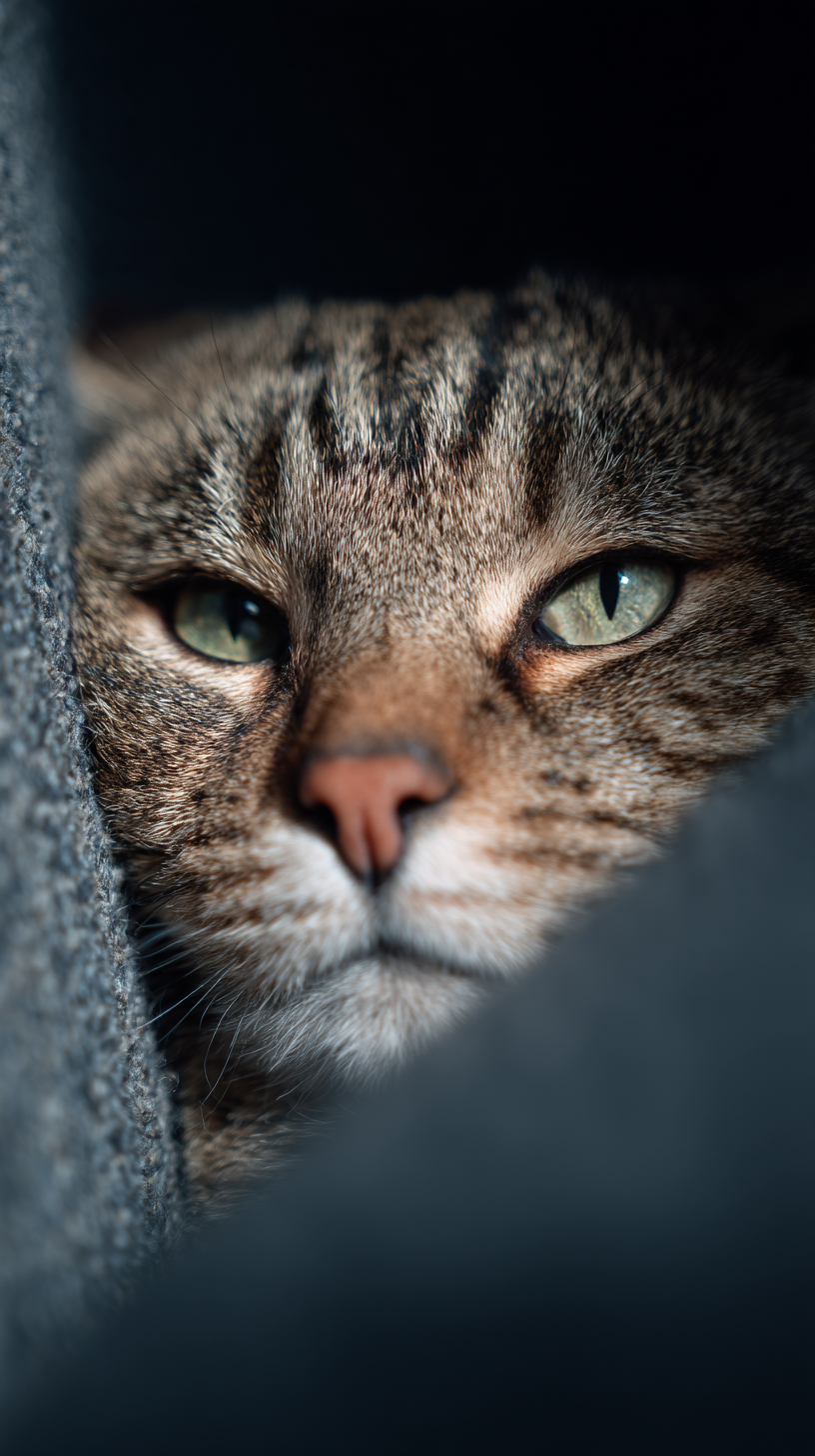 Das Gesicht einer Katze ist halb beleuchtet in einem schwach beleuchteten Raum
