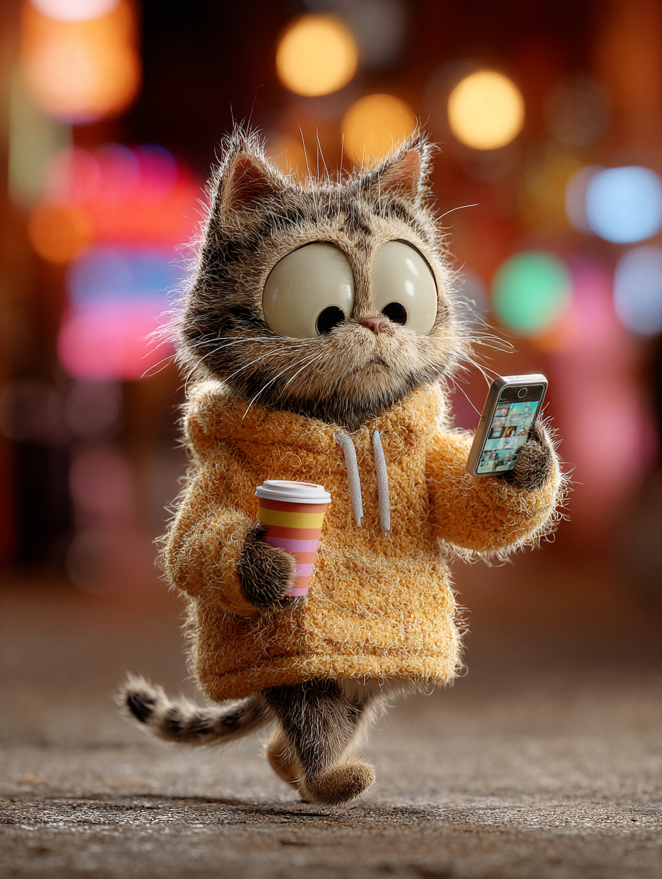 Un gato atigrado con ropa de trabajo beige sostiene un pequeño smartphone, luciendo aburrido. Un espresso triple vibra en una taza a rayas de arcoíris cercana.