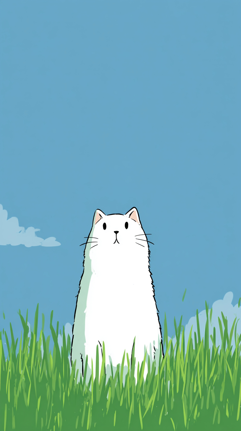 かわいい白猫が緑の草原で空を見上げている