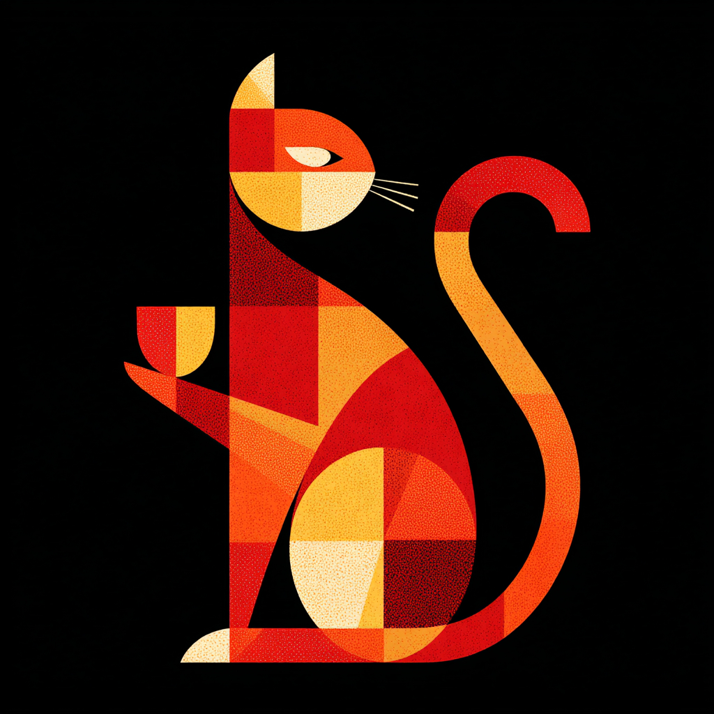 Una figura de gato de perfil sosteniendo una taza de café, en estilo de diseño constructivista soviético, rojo y naranja, fondo negro.