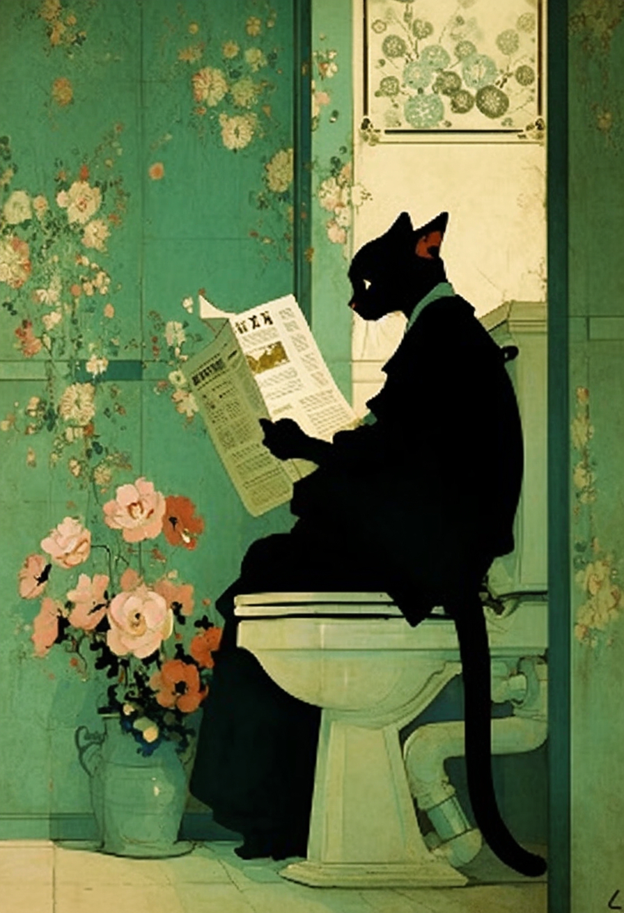 Eine schwarze Katze sitzt auf der Toilette und liest eine Zeitung