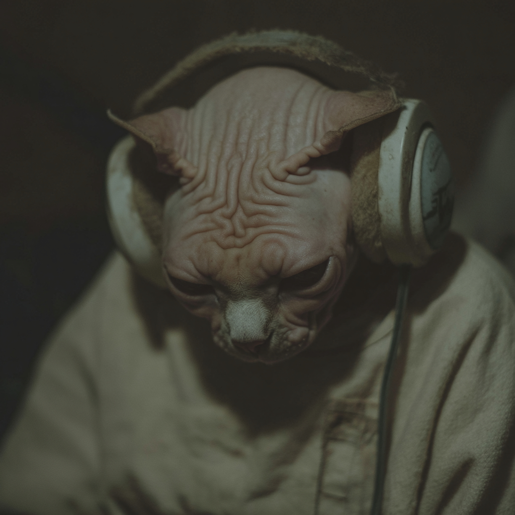 El gatito es un operador de centro de llamadas que lleva aur headphones.