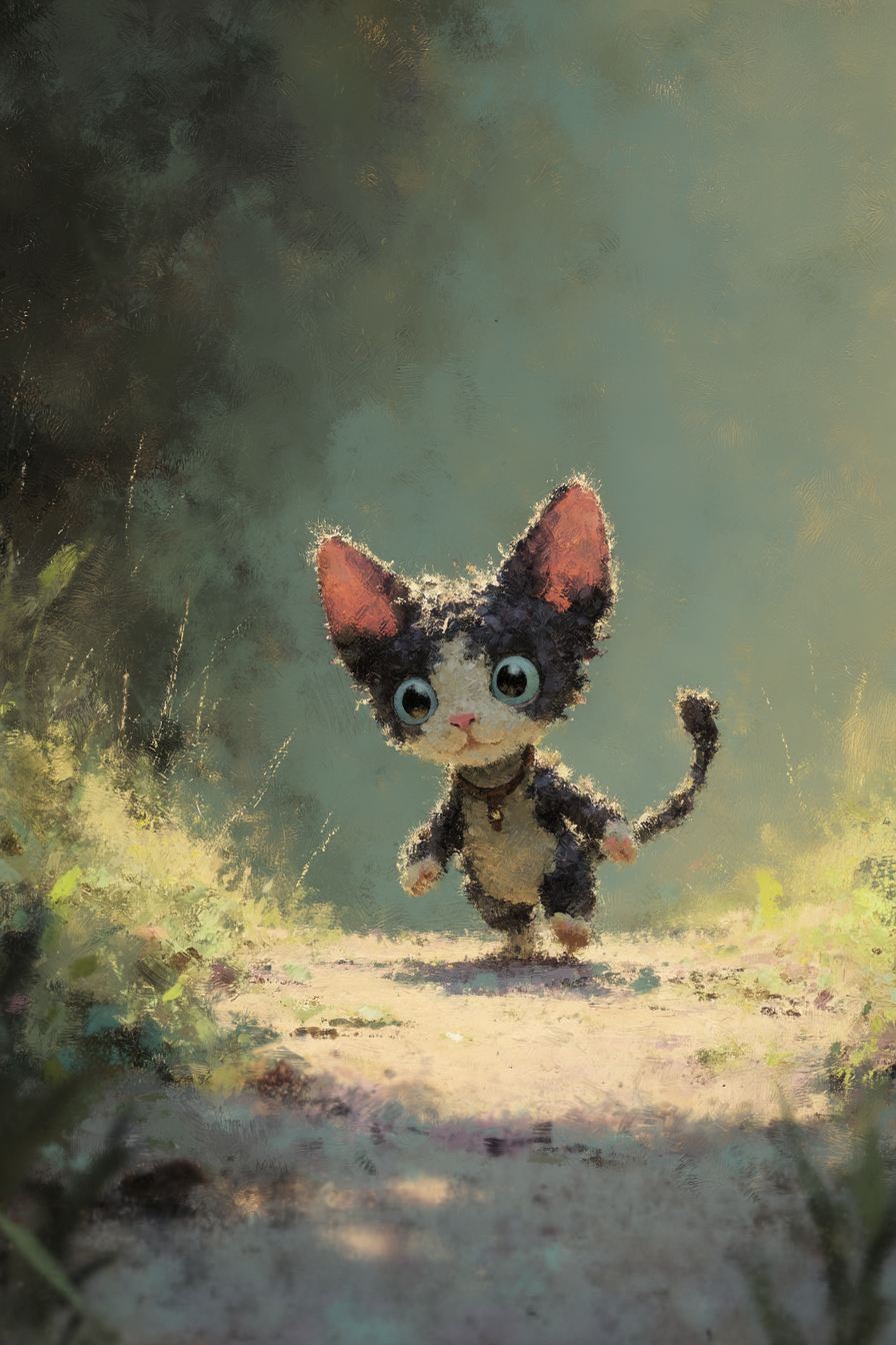 Ein kleines Devon Rex Kätzchen trottet einen sonnenbeschienenen Waldweg entlang