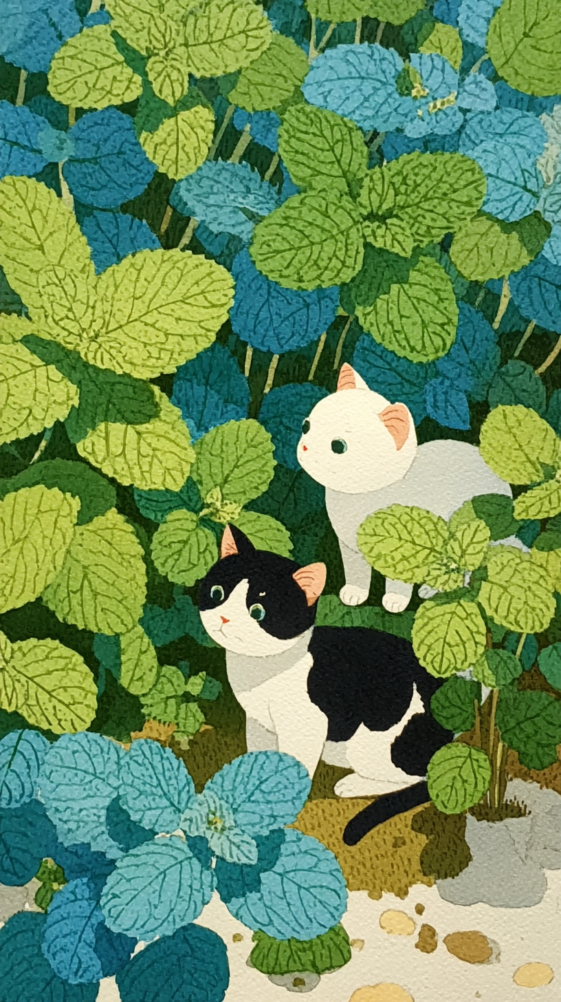 ペパーミントの花の中の水彩猫