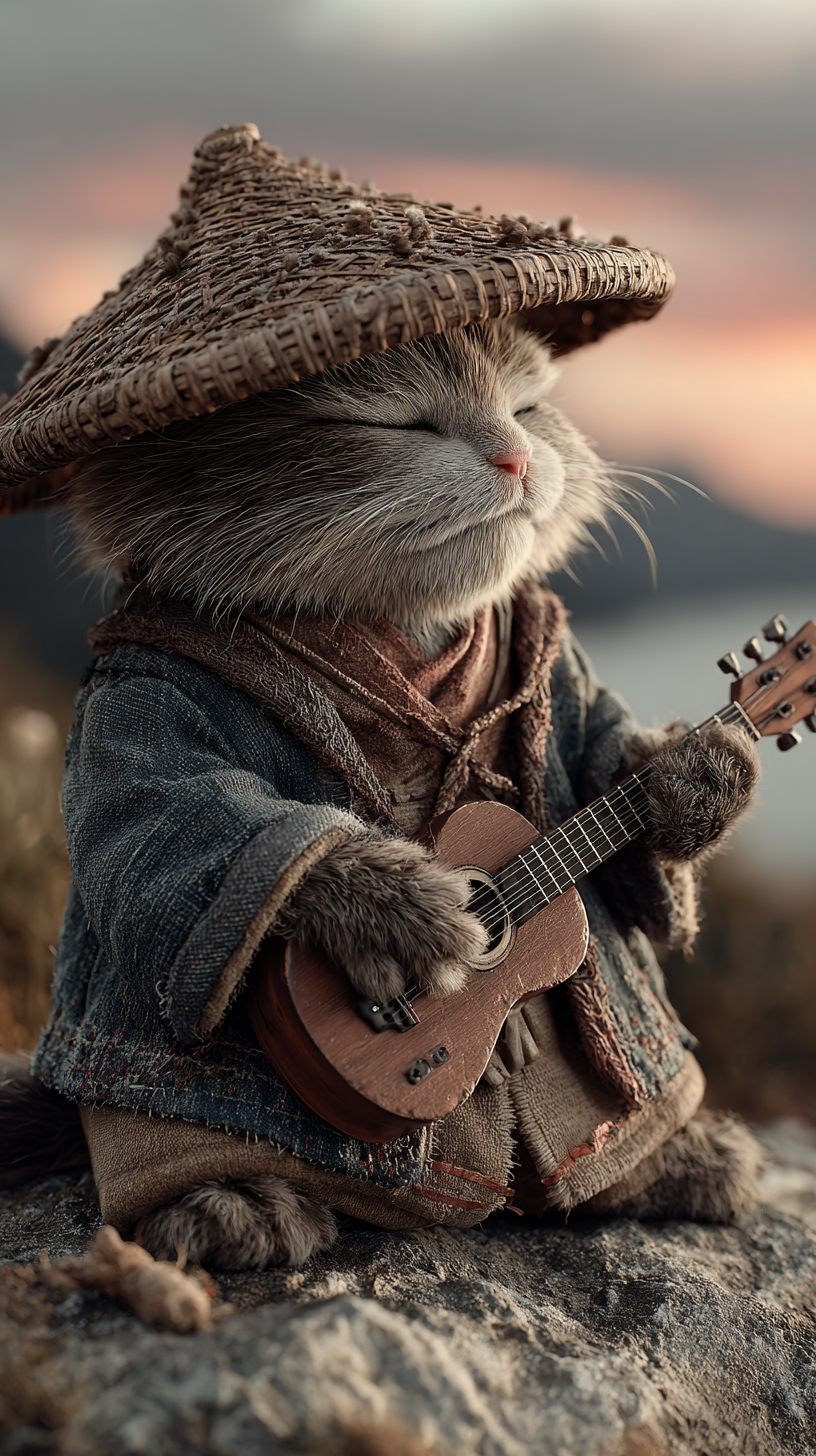 Un chat mignon portant un chapeau de paille asiatique joue de la guitare comme un musicien professionnel, avec des montagnes et un coucher de soleil en arrière-plan
