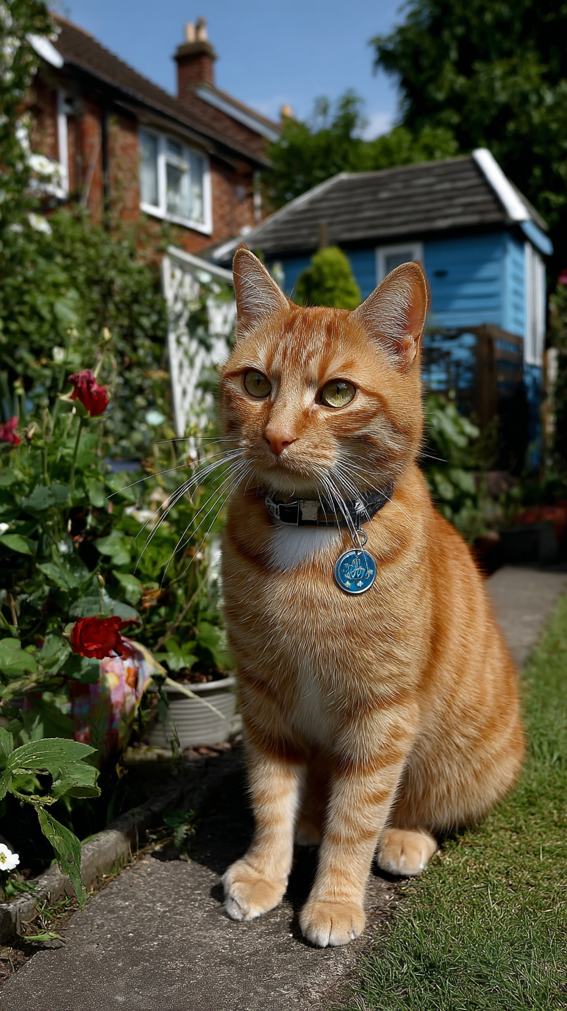 Un gato naranja en un jardín soleado