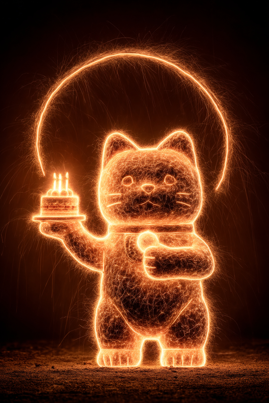 一隻巨大的日本招財貓手握生日蛋糕，火焰構成其全身，背景昏暗