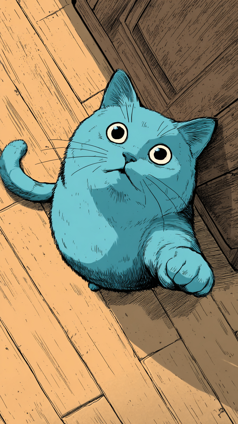 Zeichnen Sie eine Cartoon-Katze, die auf dem Boden sitzt und sich zum Betrachter streckt