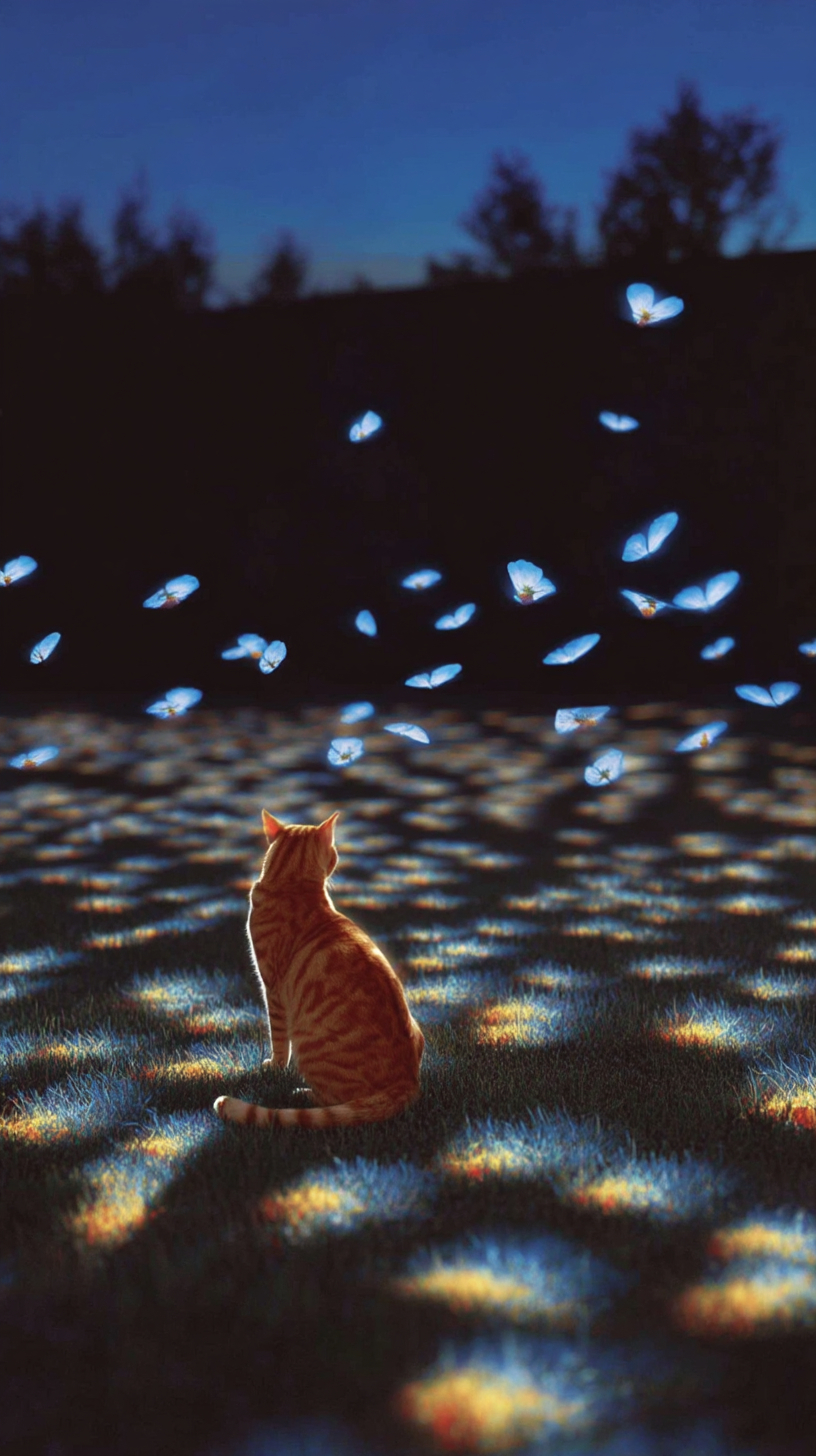 Eine glückliche rote Katze sitzt in einem Feld aus Gras und Sonnenblumen