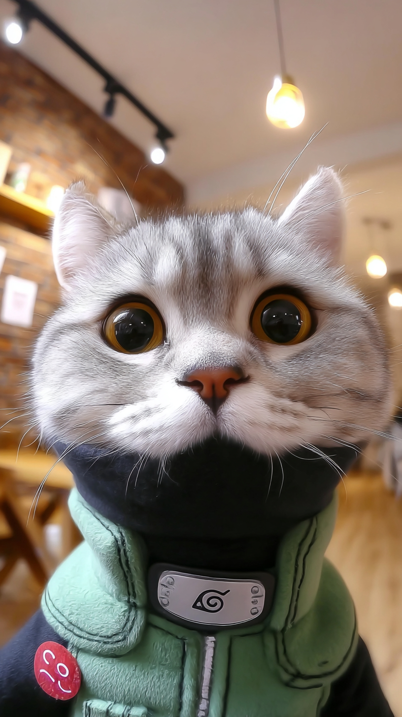 Un gato American Shorthair con un disfraz de ninja muestra una expresión serena y concentrada