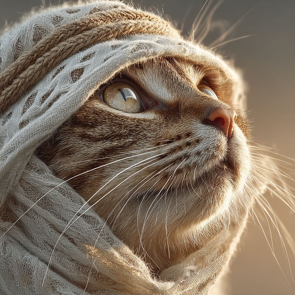 Ein realistisches Porträt einer Hauskatze mit einem traditionellen weißen arabischen Scheich-Schal