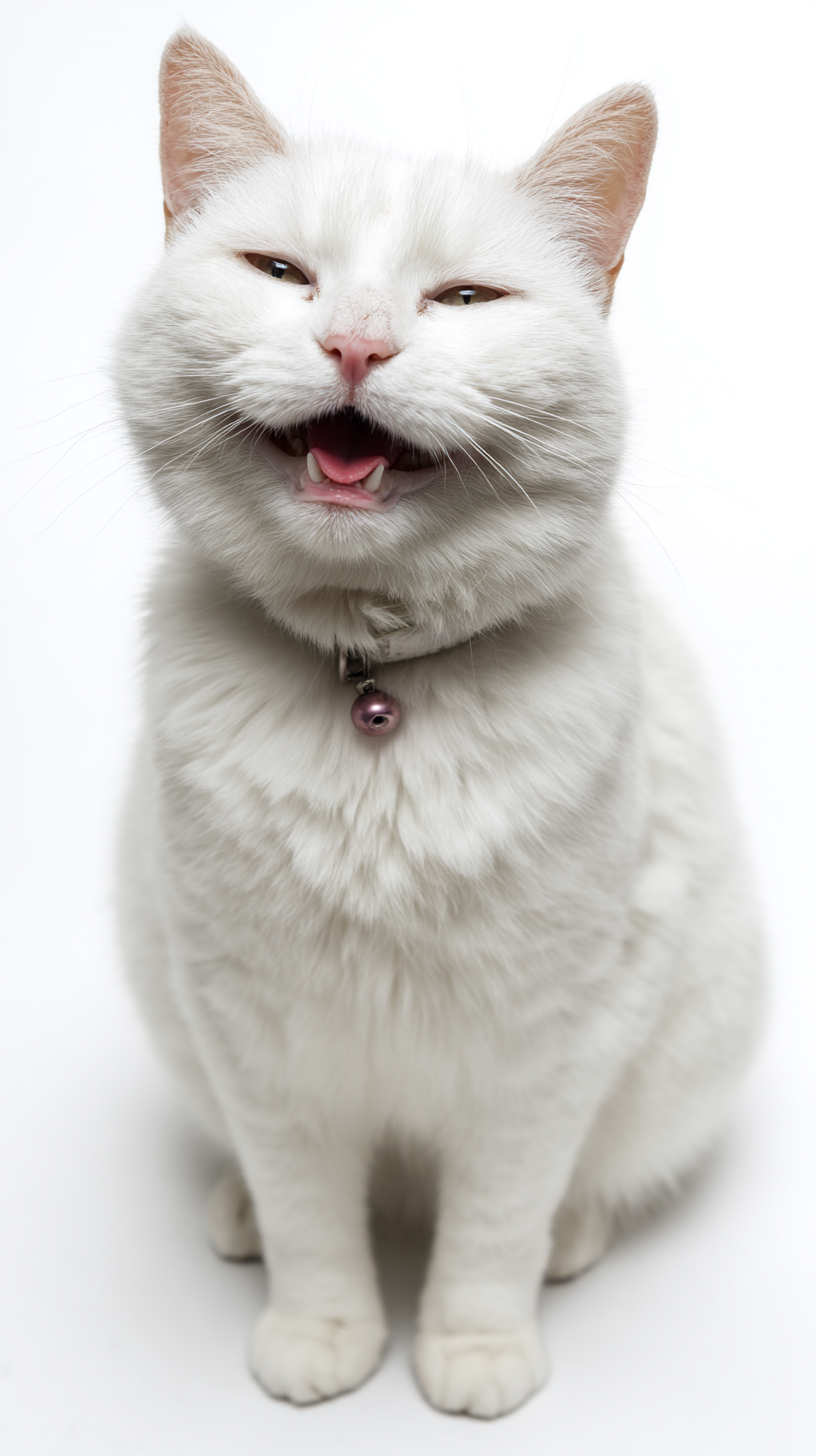 A white cat with a happy expression against a completely white background