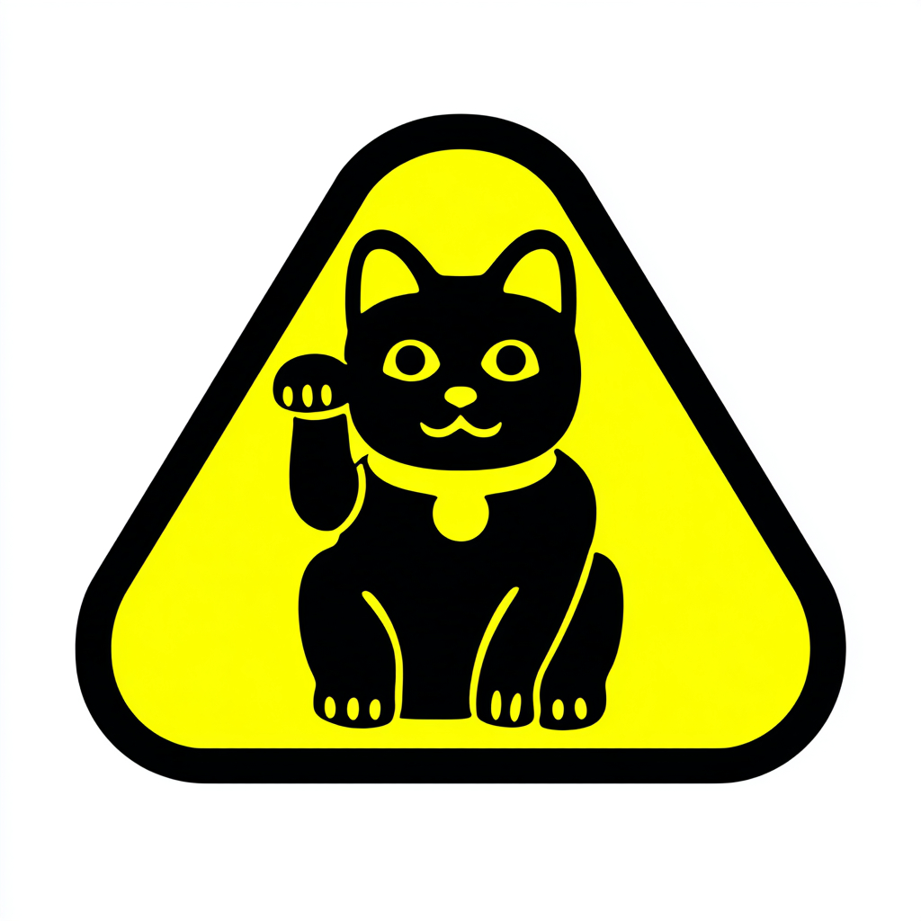 Diseño de cartel de maneki-neko, silueta vectorial mínima, alto contraste negro y amarillo, estilizada como una señal de advertencia, forma geométrica simple, tono humorístico.