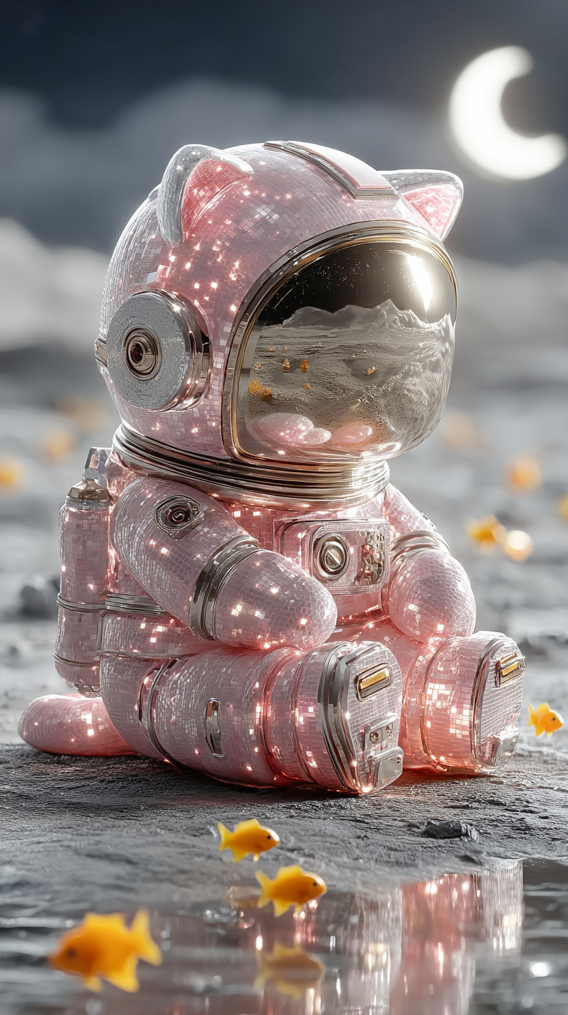 Un gato astronauta vestido con un traje de disco rosa se sienta elegantemente en la luna, rodeado de peces luminosos flotantes.