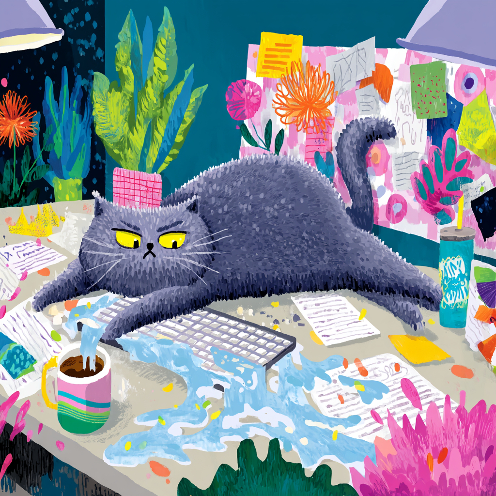 Un gato Shorthair británico gris está caído sobre un escritorio, con la cara en el teclado, una taza de café volcándose y papeles desordenados por todas partes.