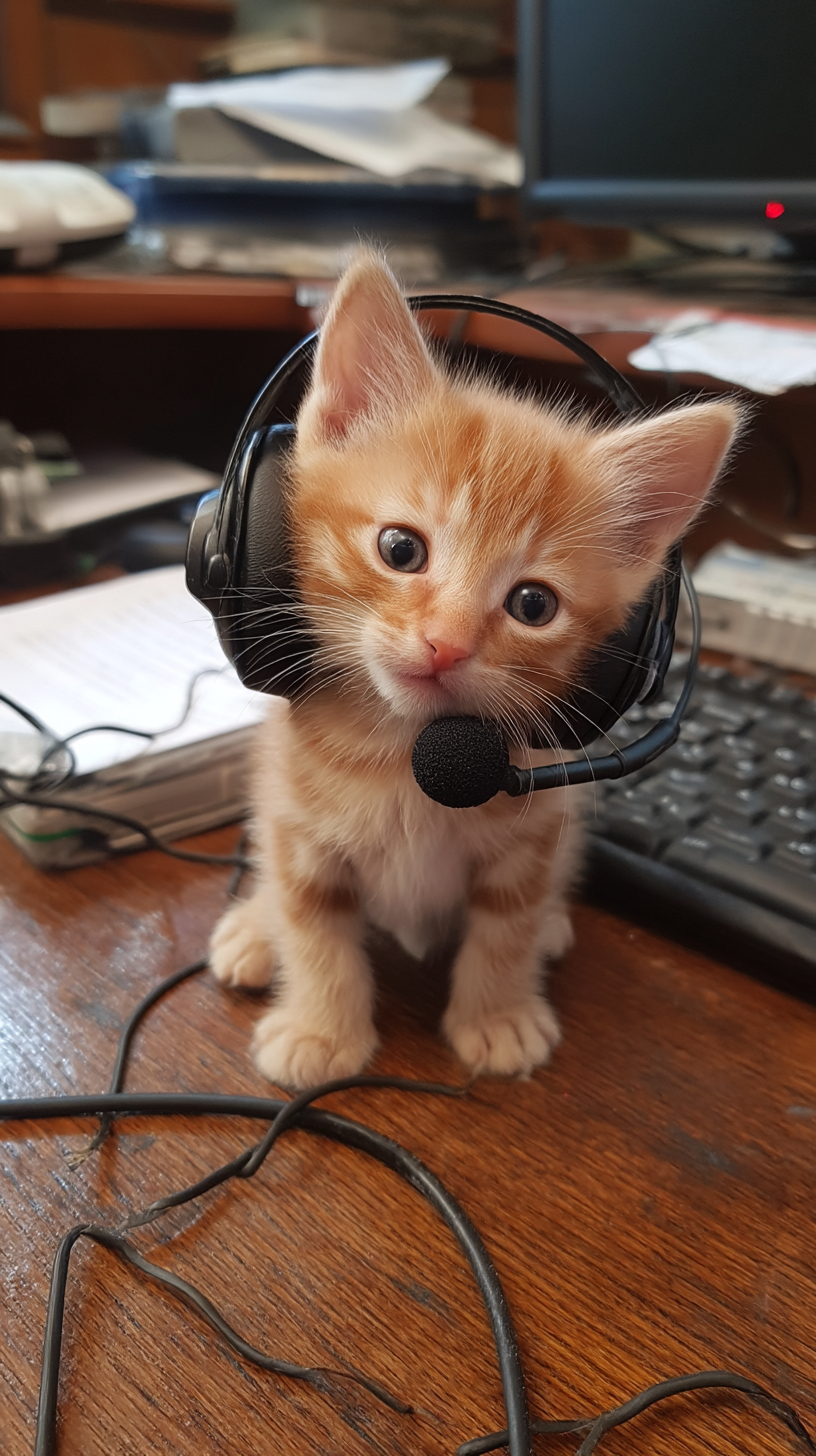 A newborn orange kitten sits at a desk wearing a headset and microphone